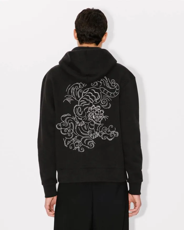Men 039KENZO Star Tiger039 Embroidered Hoodie In Cotton Black Kenzo Sweatshirts And Hoodies