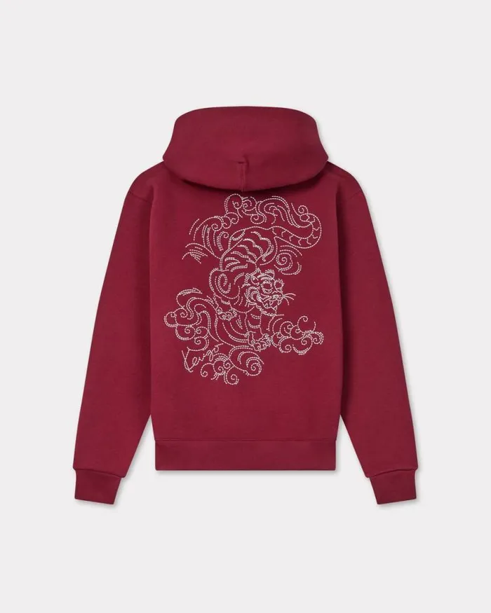 Men 039KENZO Star Tiger039 Embroidered Hoodie In Cotton Bordeaux Kenzo Sweatshirts And Hoodies