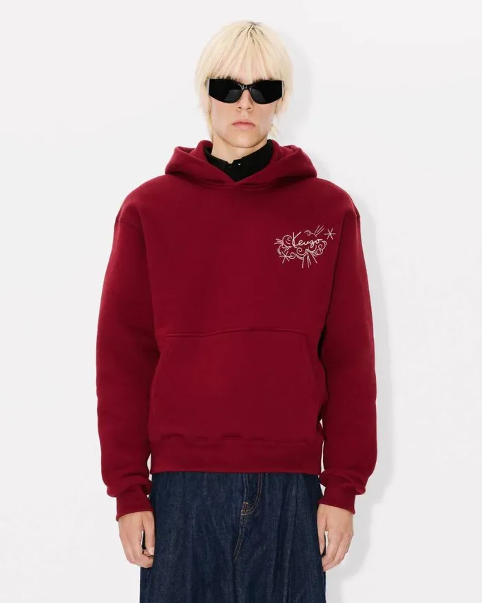 Men 039KENZO Star Tiger039 Embroidered Hoodie In Cotton Bordeaux Kenzo Sweatshirts And Hoodies