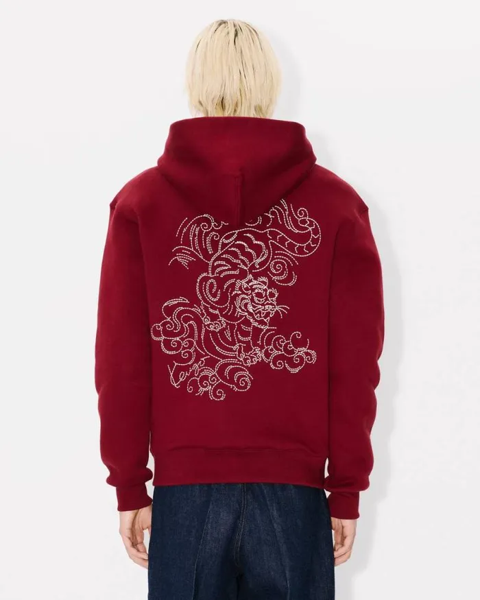 Men 039KENZO Star Tiger039 Embroidered Hoodie In Cotton Bordeaux Kenzo Sweatshirts And Hoodies