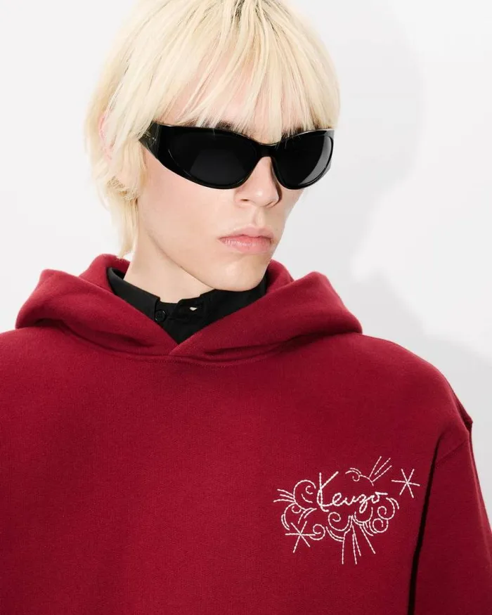 Men 039KENZO Star Tiger039 Embroidered Hoodie In Cotton Bordeaux Kenzo Sweatshirts And Hoodies