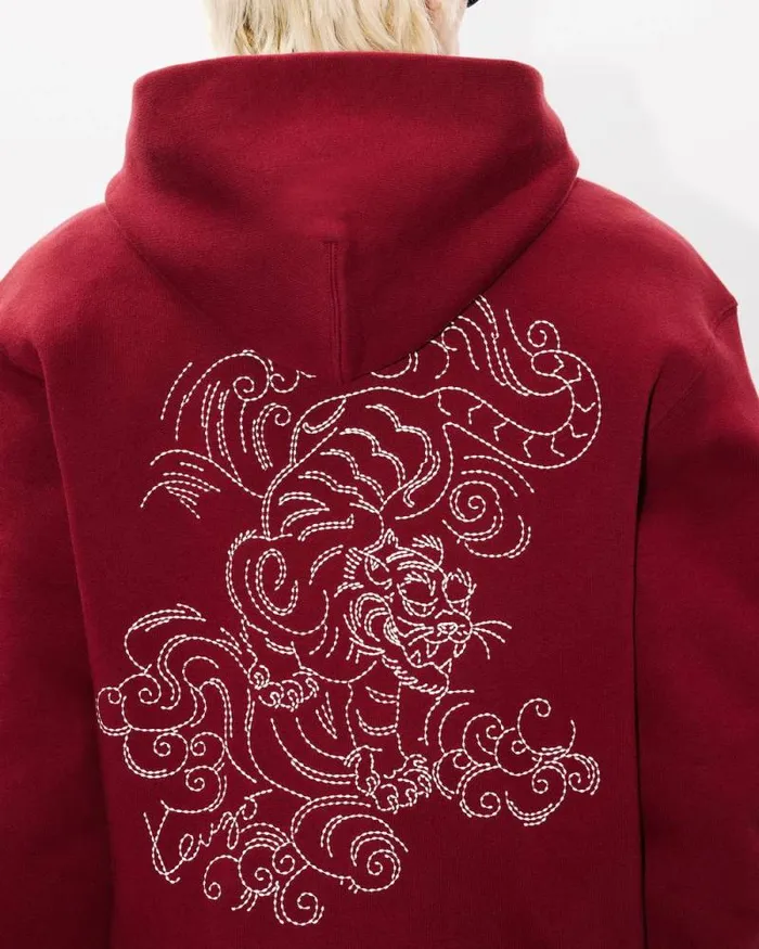 Men 039KENZO Star Tiger039 Embroidered Hoodie In Cotton Bordeaux Kenzo Sweatshirts And Hoodies
