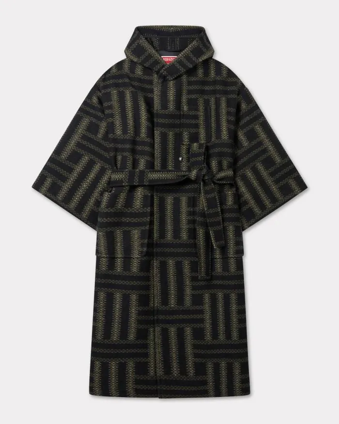 Men 039KENZO Weave039 Double Breasted Coat In Virgin Wool With Kimono Sleeves Black Kenzo Jackets And Coats