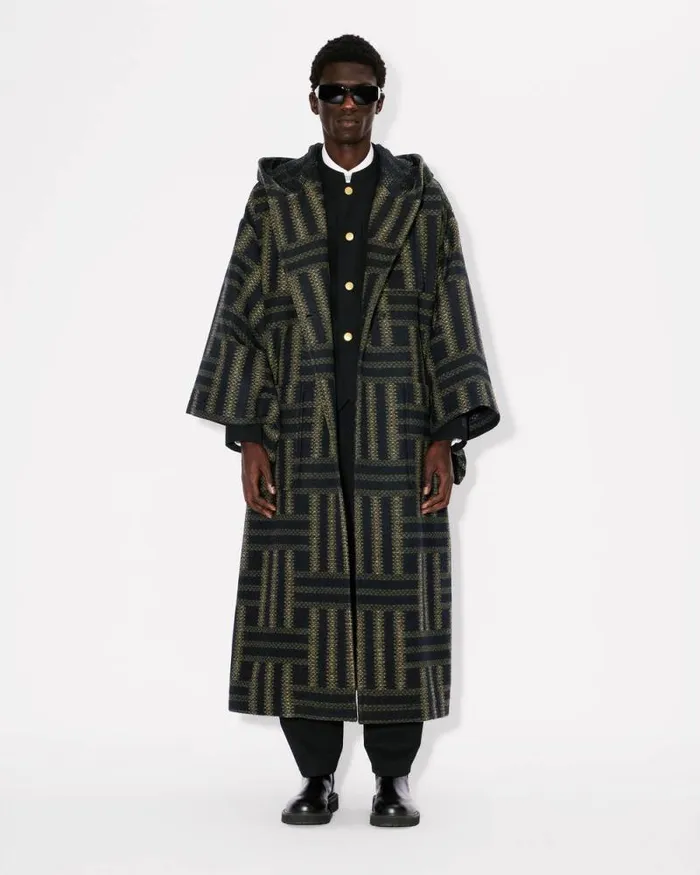 Men 039KENZO Weave039 Double Breasted Coat In Virgin Wool With Kimono Sleeves Black Kenzo Jackets And Coats
