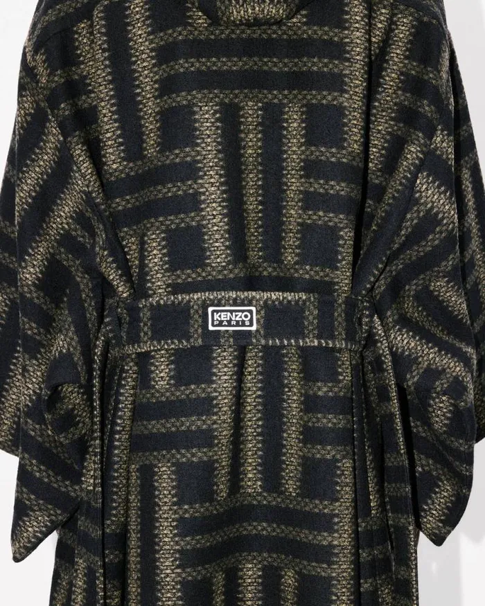 Men 039KENZO Weave039 Double Breasted Coat In Virgin Wool With Kimono Sleeves Black Kenzo Jackets And Coats