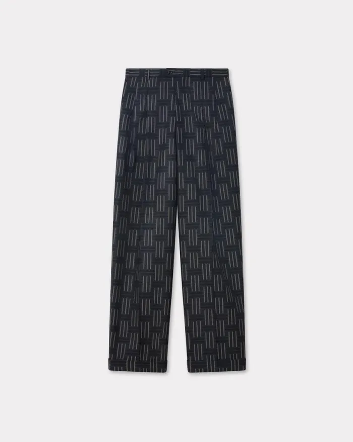 Men 039KENZO Weave039 Straight Pleated Tailored Pants In Wool And Cotton Black Kenzo Pants And Shorts