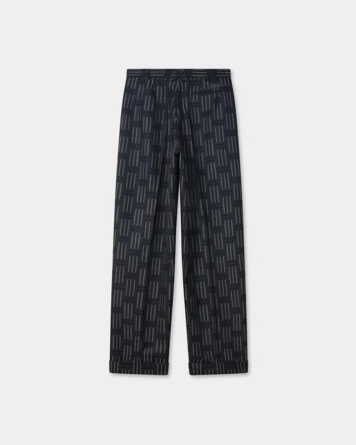 Men 039KENZO Weave039 Straight Pleated Tailored Pants In Wool And Cotton Black Kenzo Pants And Shorts