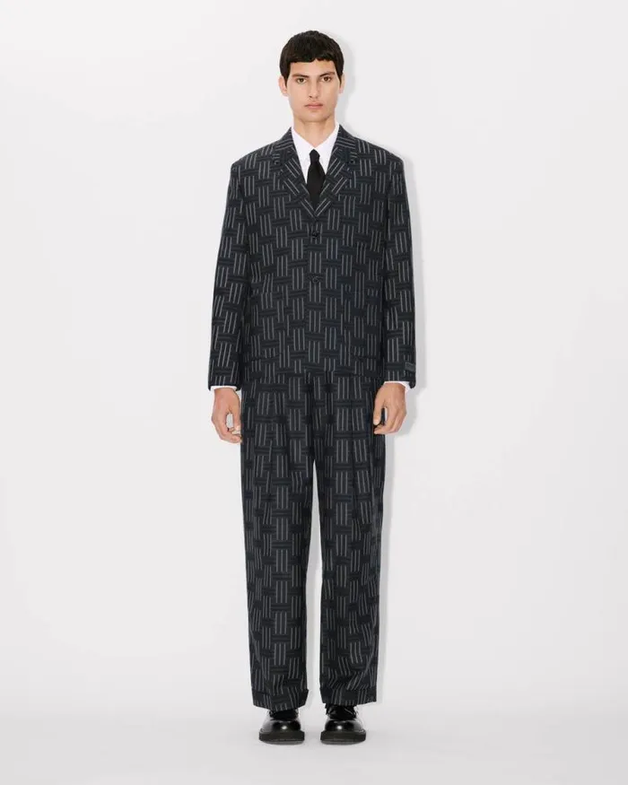 Men 039KENZO Weave039 Straight Pleated Tailored Pants In Wool And Cotton Black Kenzo Pants And Shorts