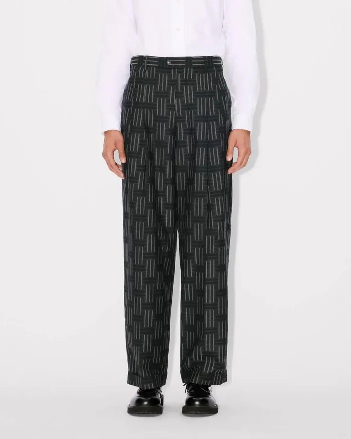 Men 039KENZO Weave039 Straight Pleated Tailored Pants In Wool And Cotton Black Kenzo Pants And Shorts
