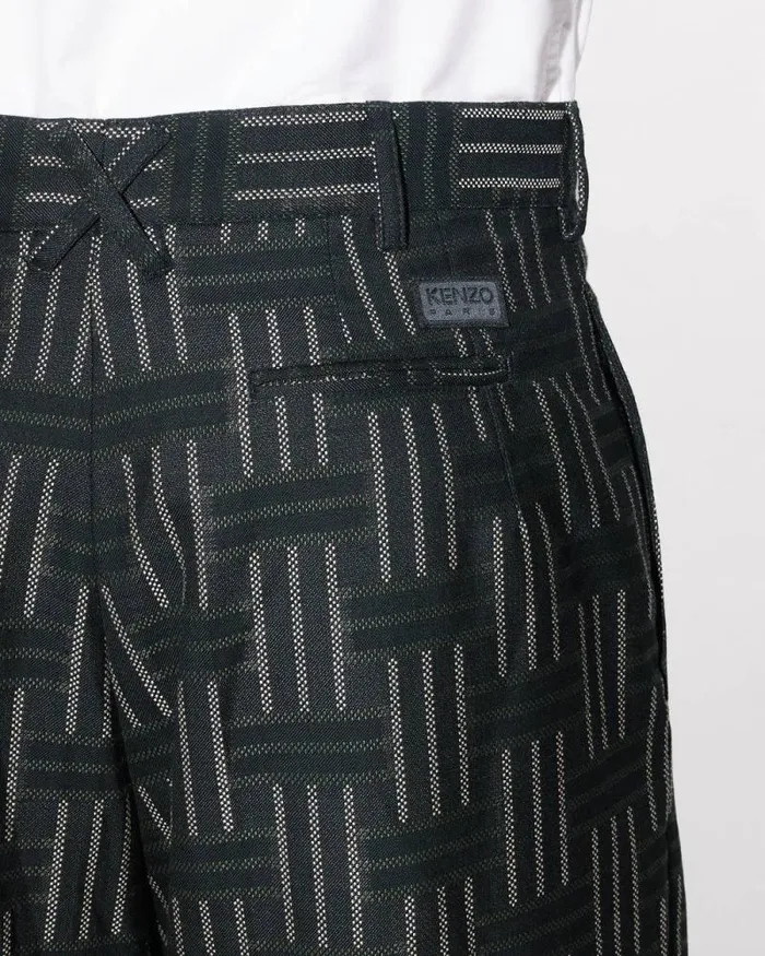 Men 039KENZO Weave039 Straight Pleated Tailored Pants In Wool And Cotton Black Kenzo Pants And Shorts