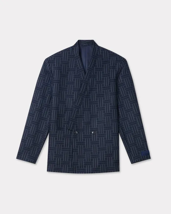 Men 039KENZO Weave039 Tailored Kimono Jacket In Wool And Cotton Midnight Blue Kenzo Jackets And Coats