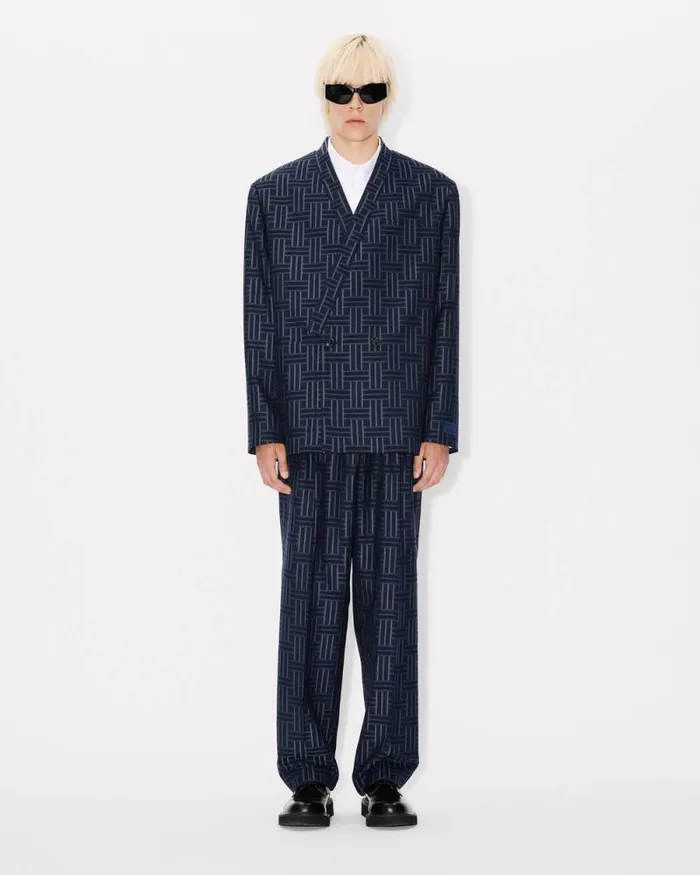 Men 039KENZO Weave039 Tailored Kimono Jacket In Wool And Cotton Midnight Blue Kenzo Jackets And Coats