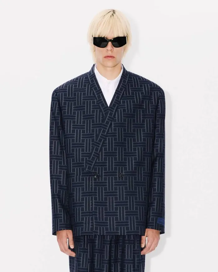 Men 039KENZO Weave039 Tailored Kimono Jacket In Wool And Cotton Midnight Blue Kenzo Jackets And Coats