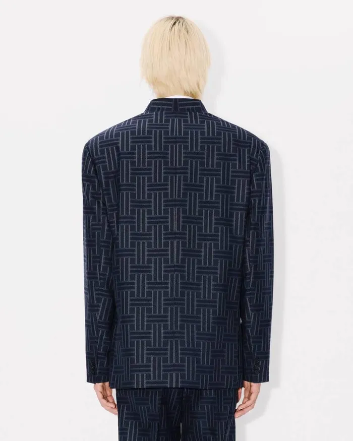 Men 039KENZO Weave039 Tailored Kimono Jacket In Wool And Cotton Midnight Blue Kenzo Jackets And Coats