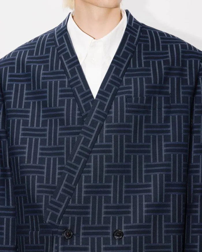 Men 039KENZO Weave039 Tailored Kimono Jacket In Wool And Cotton Midnight Blue Kenzo Jackets And Coats