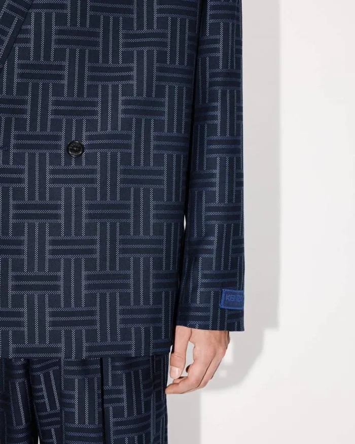 Men 039KENZO Weave039 Tailored Kimono Jacket In Wool And Cotton Midnight Blue Kenzo Jackets And Coats