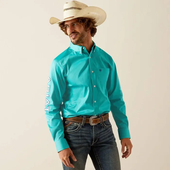 Men Button Down Shirts Ariat Team Logo Twill Classic Fit Shirt Turquoiseblue