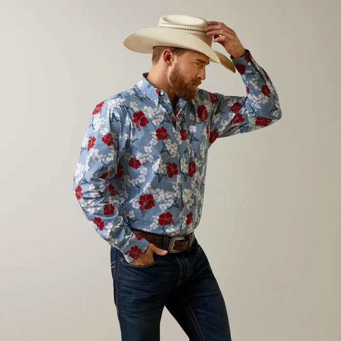 Men Button Down Shirts Ariat Wrinkle Resist Red White And Blue Pareau Western Aloha Stretch Classic Fit Shirt Chambray Blue