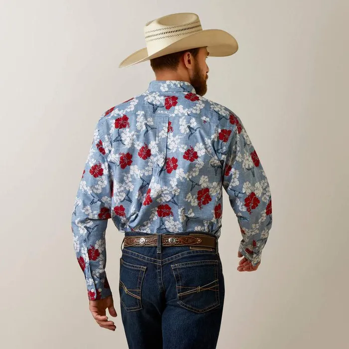 Men Button Down Shirts Ariat Wrinkle Resist Red White And Blue Pareau Western Aloha Stretch Classic Fit Shirt Chambray Blue Men Button Down Shirts Ariat Wrinkle Resist Red White And Blue Pareau Western Aloha Stretch Classic Fit Shirt Chambray Blue