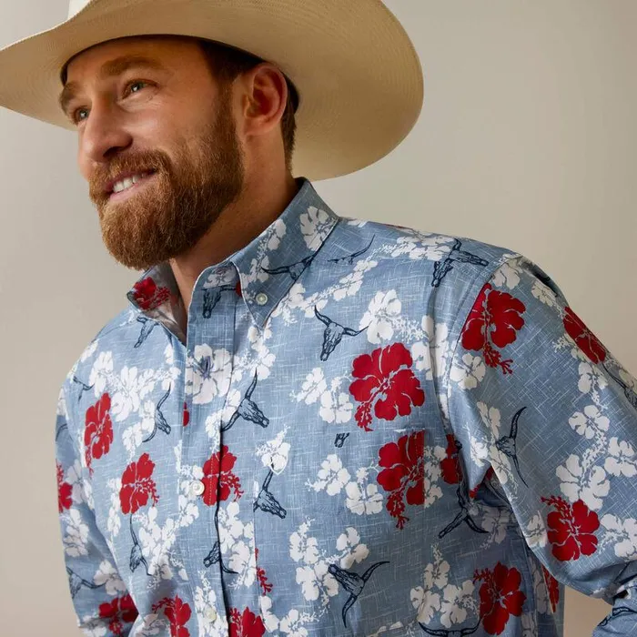 Men Button Down Shirts Ariat Wrinkle Resist Red White And Blue Pareau Western Aloha Stretch Classic Fit Shirt Chambray Blue Men Button Down Shirts Ariat Wrinkle Resist Red White And Blue Pareau Western Aloha Stretch Classic Fit Shirt Chambray Blue