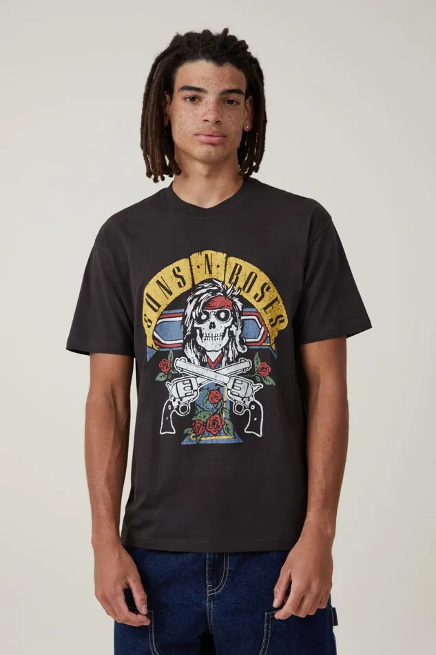 Men Graphic TShirts Cotton On Loose Fit Music TShirt Lcn Bra Washed Blackguns N Roses Cross