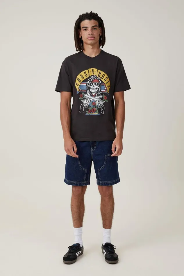 Men Graphic TShirts Cotton On Loose Fit Music TShirt Lcn Bra Washed Blackguns N Roses Cross