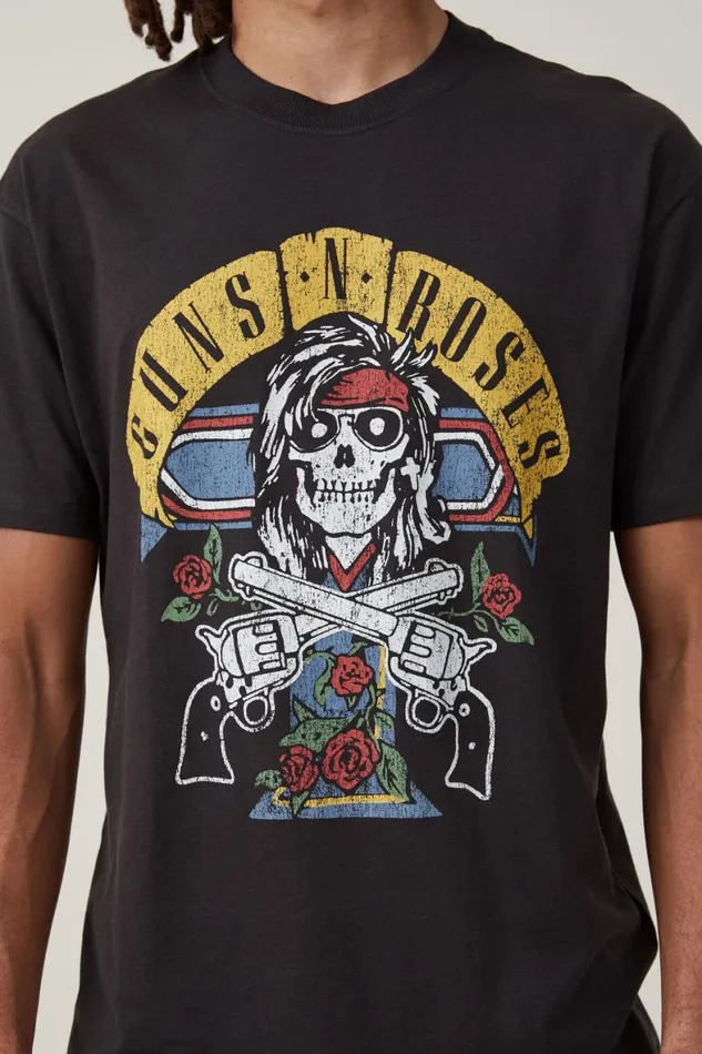 Men Graphic TShirts Cotton On Loose Fit Music TShirt Lcn Bra Washed Blackguns N Roses Cross
