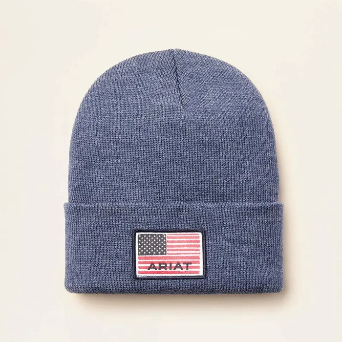Men Hats and Beanies Ariat Rebar American Flag Patch Beanie Denim Heather