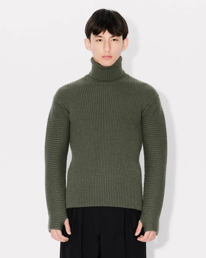 Men High Turtleneck Embroidered Jumper Dark Khaki Kenzo Sweaters And Cardigans