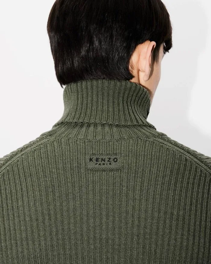 Men High Turtleneck Embroidered Jumper Dark Khaki Kenzo Sweaters And Cardigans