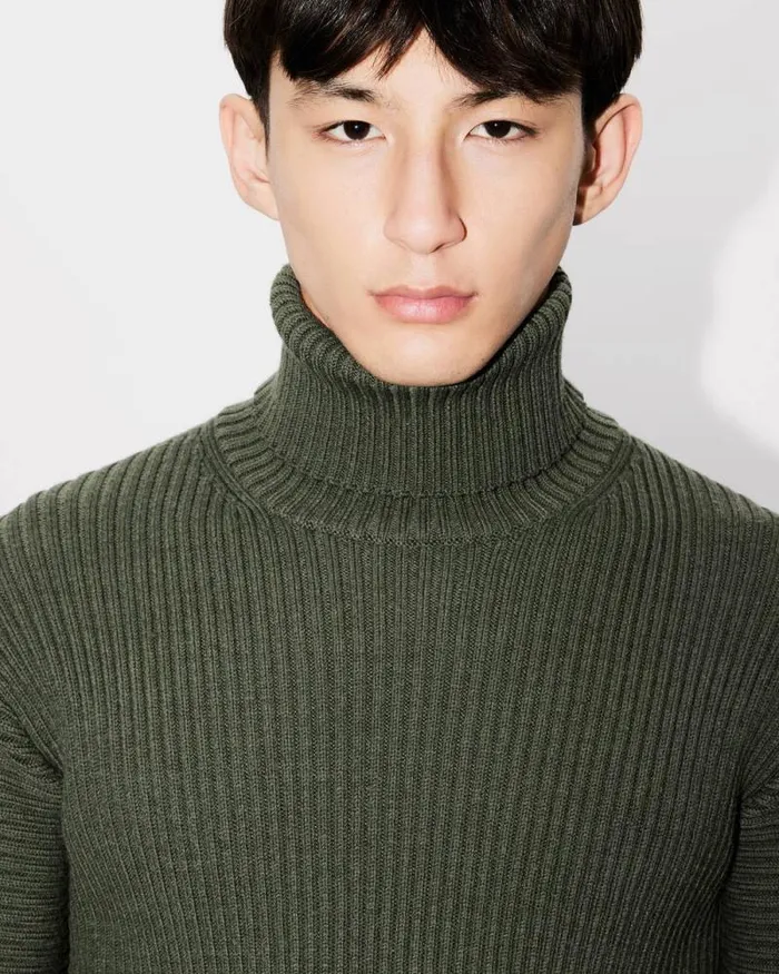 Men High Turtleneck Embroidered Jumper Dark Khaki Kenzo Sweaters And Cardigans