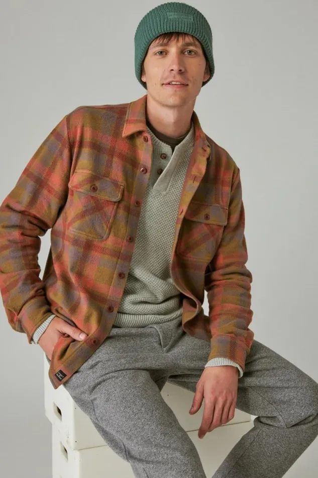 Men Lucky Brand ButtonDowns Plaid Brushed Knit Long Sleeve Shirt Beige Multi