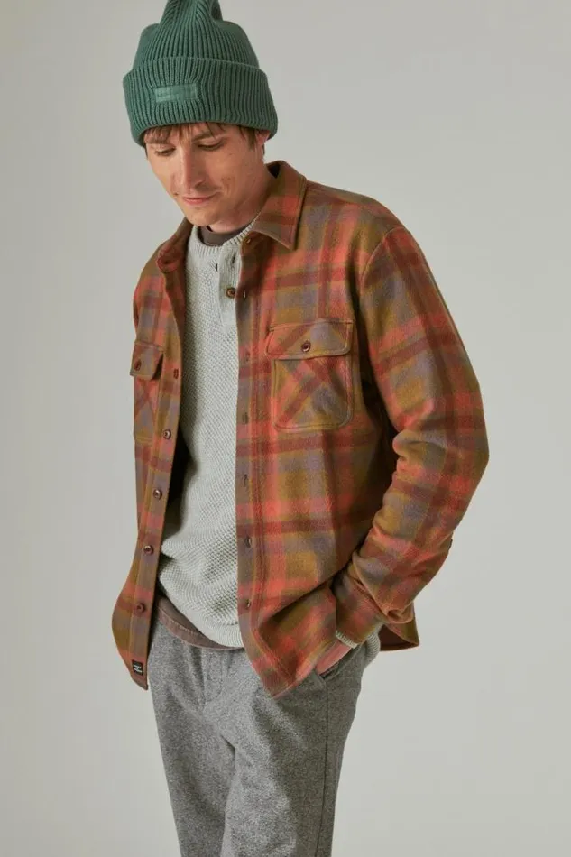 Men Lucky Brand ButtonDowns Plaid Brushed Knit Long Sleeve Shirt Beige Multi