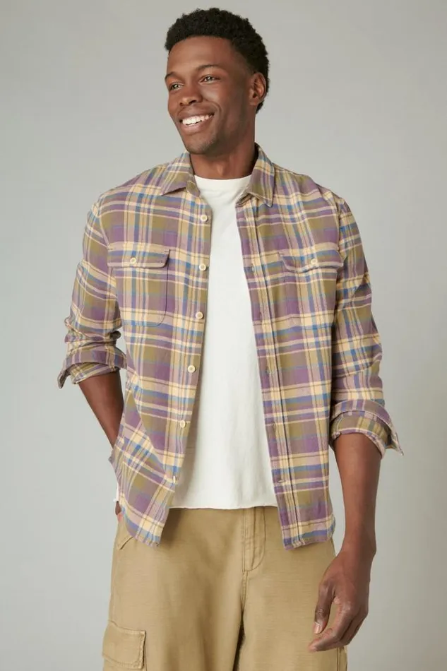Men Lucky Brand ButtonDowns Plaid Utility Cloud Soft Long Sleeve Flannel Olive Multi