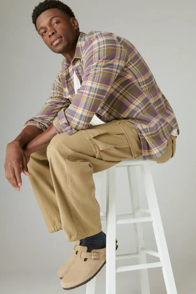 Men Lucky Brand ButtonDowns Plaid Utility Cloud Soft Long Sleeve Flannel Olive Multi