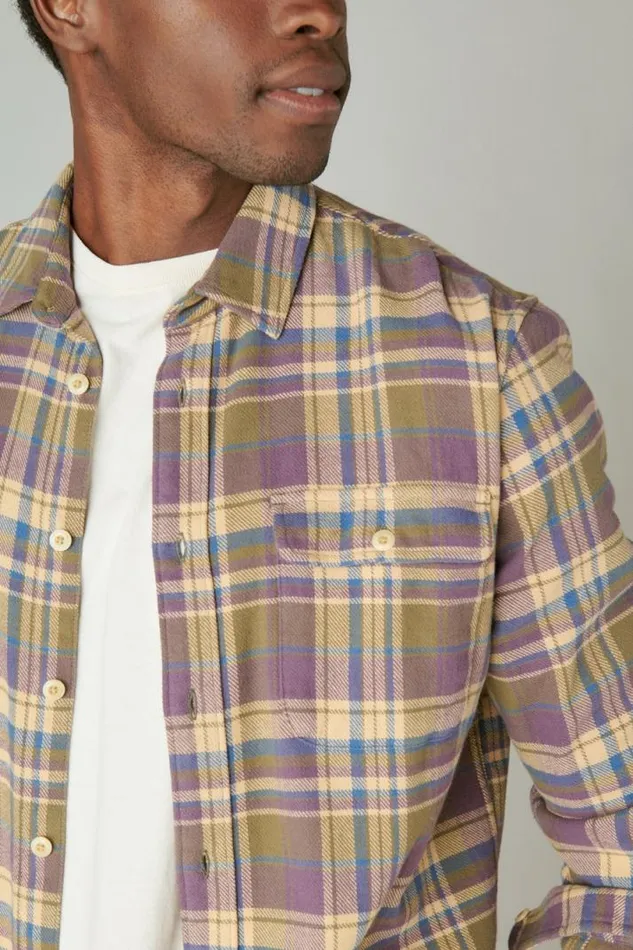 Men Lucky Brand ButtonDowns Plaid Utility Cloud Soft Long Sleeve Flannel Olive Multi