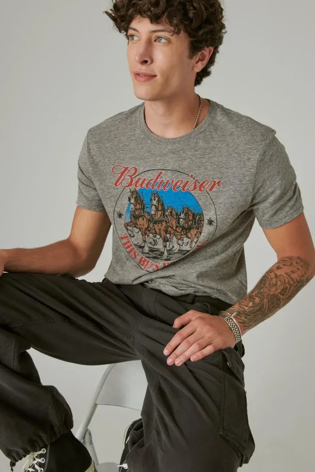 Men Lucky Brand Graphic Tees Bud Clydesdales Heather Grey