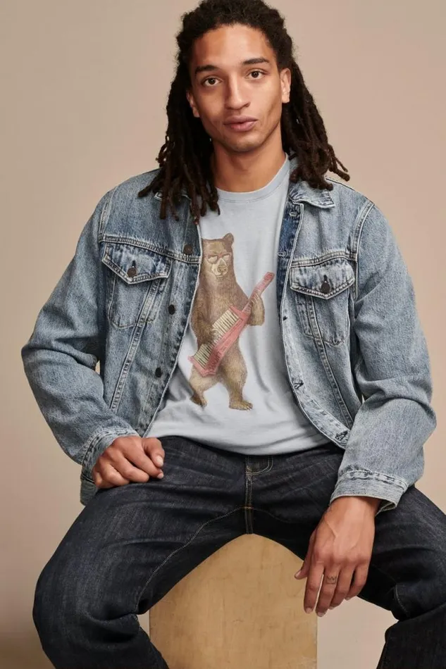 Men Lucky Brand Graphic Tees Keytar Bear Faded Denim 174021tcx
