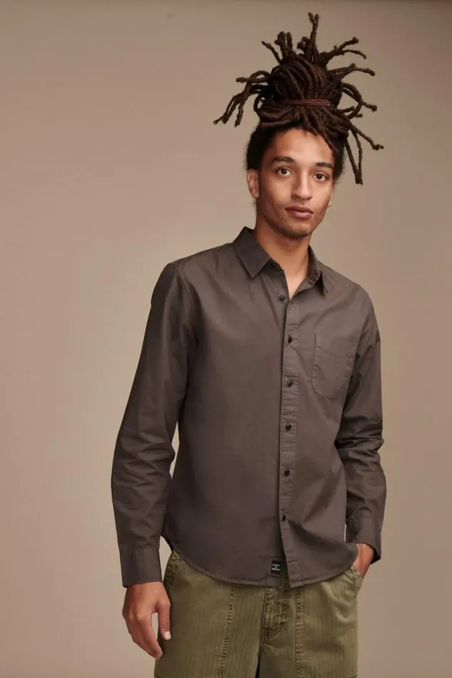 Men Lucky Brand Suit Separates Rumpled Poplin One Pocket Long Sleeve Shirt Raven