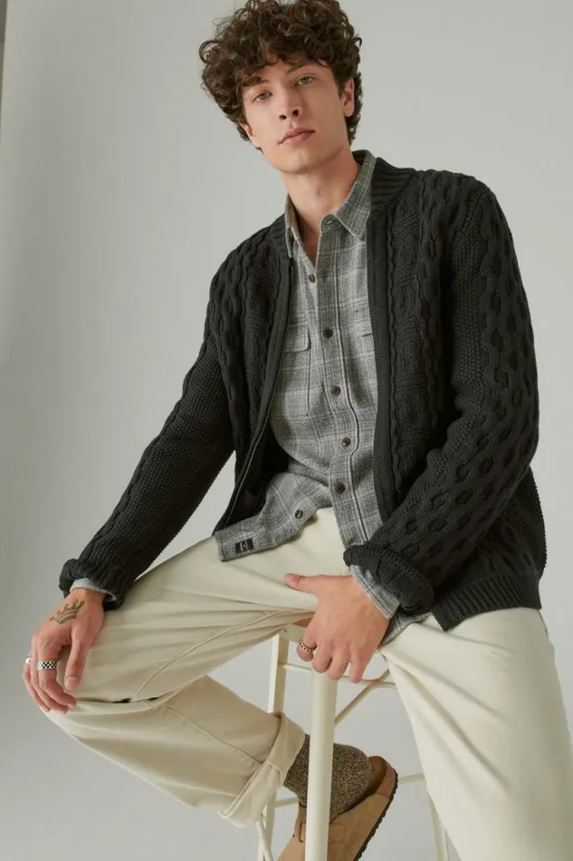 Men Lucky Brand Sweaters Cable Zip Up Cardigan 001 Black