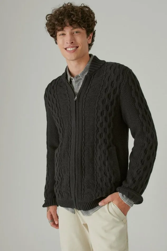Men Lucky Brand Sweaters Cable Zip Up Cardigan 001 Black