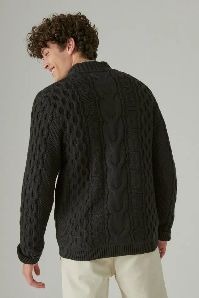 Men Lucky Brand Sweaters Cable Zip Up Cardigan 001 Black