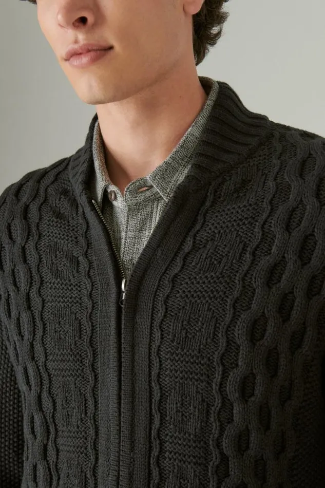 Men Lucky Brand Sweaters Cable Zip Up Cardigan 001 Black