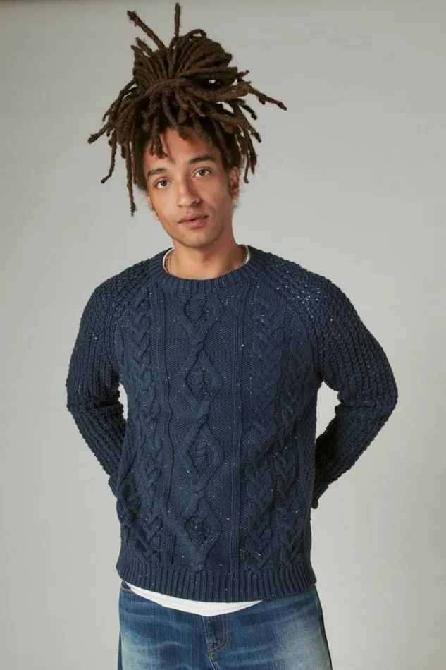 Men Lucky Brand Sweaters Tweed Crew Neck Sweater Navy Tweed
