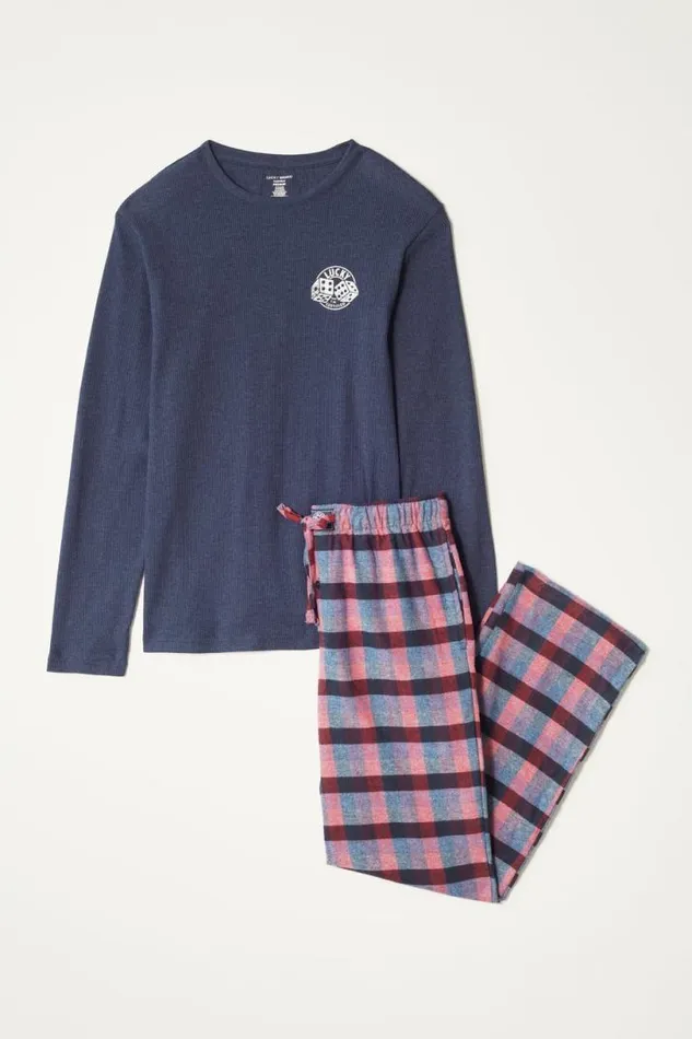 Men Lucky Brand Underwear and Sleepwear Ls Thermal Crew and Flannel Pant Giftset Multi