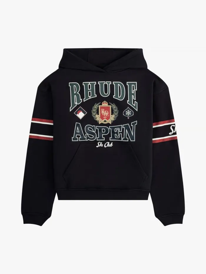 Men Rhude Sweatshirts ASPEN SKI CREST HOODIE Vtg Black