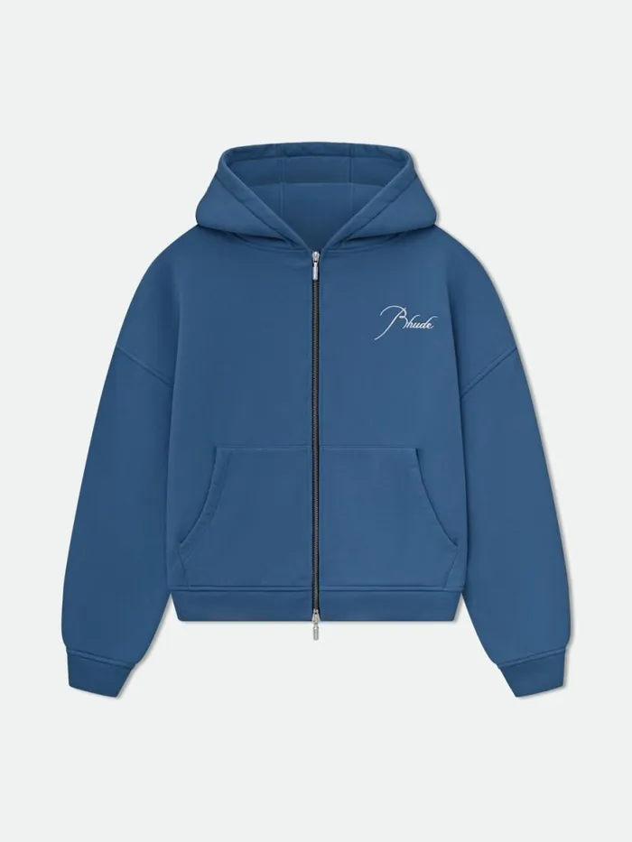 Men Rhude Sweatshirts FULL ZIP HOODIE Vtg Midnight Blue