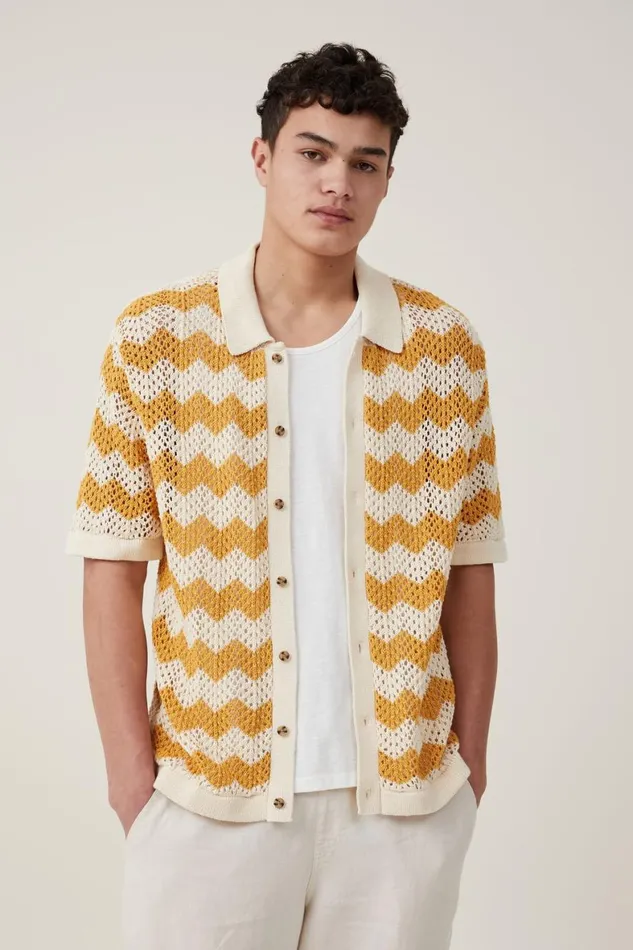 Men Shirts and Polos Cotton On Pablo Short Sleeve Shirt Orange Chevron