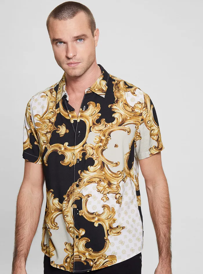 Men Shirts GUESS Eco Gold Peony Print Rayon Shirt