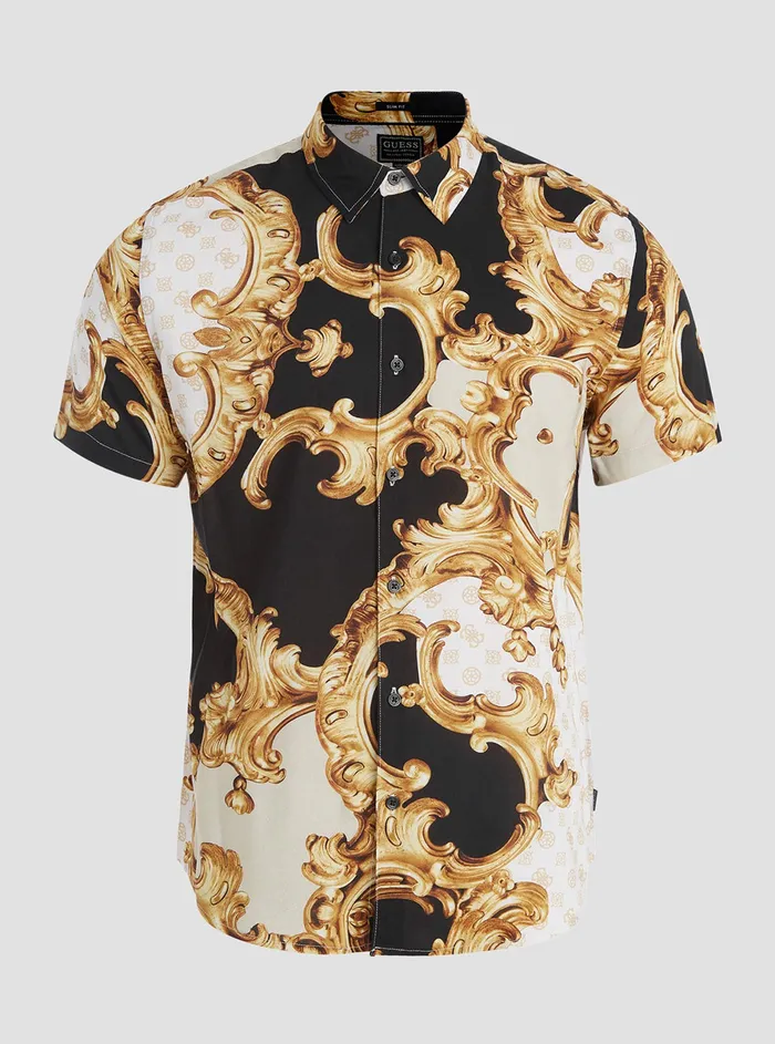 Men Shirts GUESS Eco Gold Peony Print Rayon Shirt Men Shirts GUESS Eco Gold Peony Print Rayon Shirt